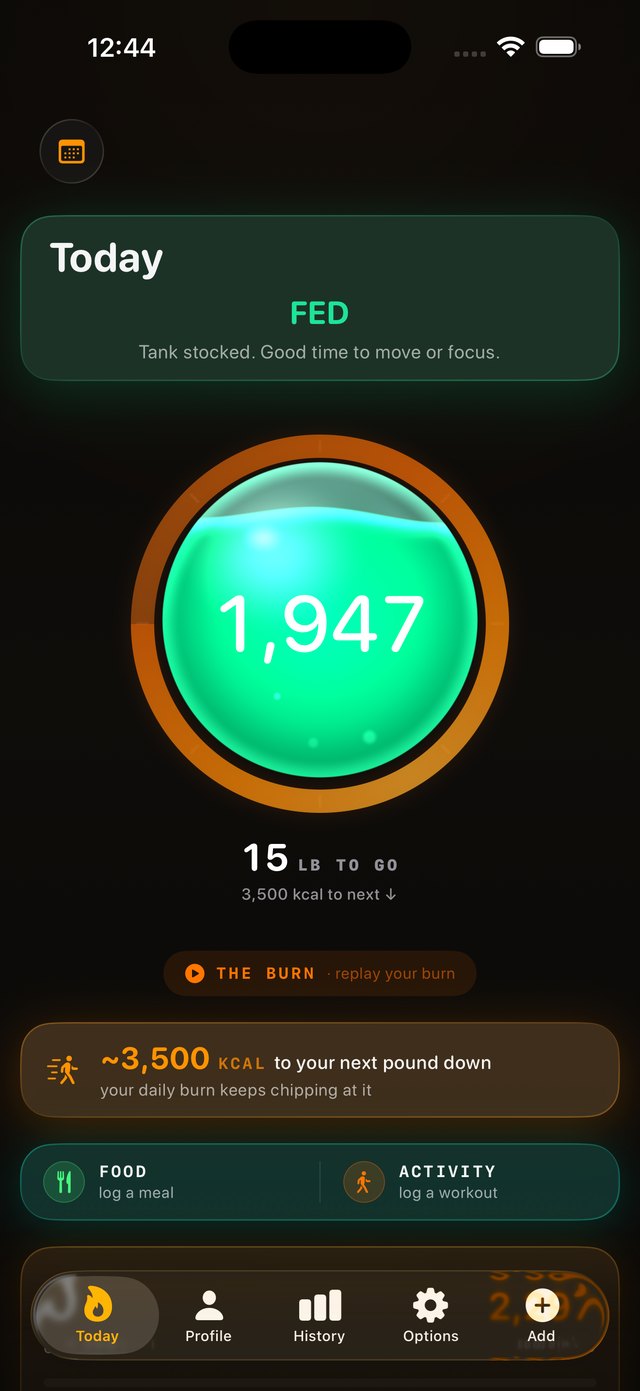RESERVE home screen: the glowing orb showing 1,949 kcal in reserve, burning fat